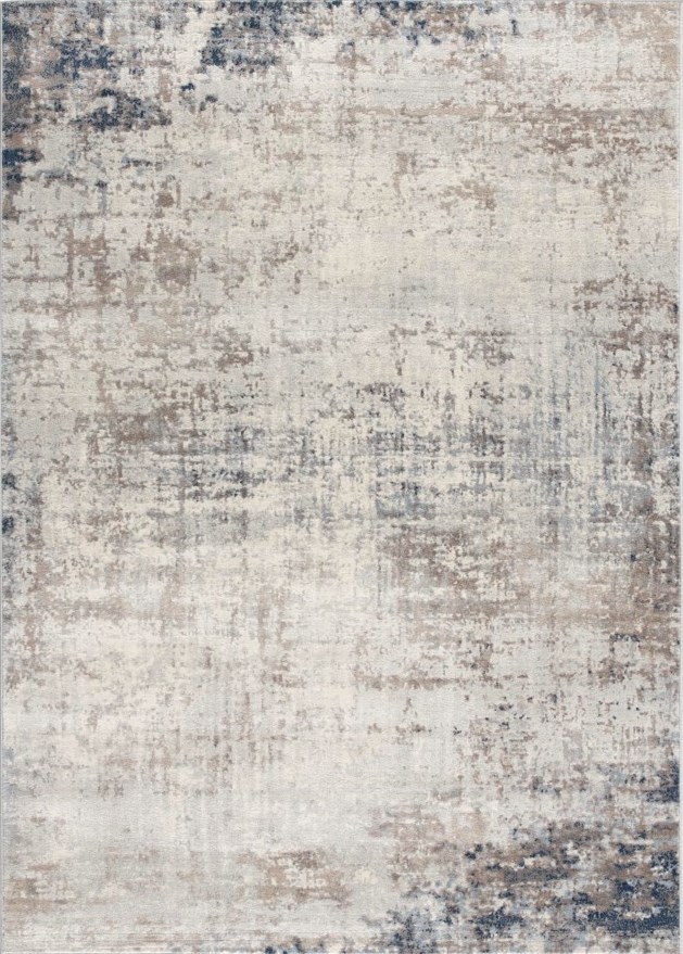 Picture of an area rug that is an abstract design of beiges and greys